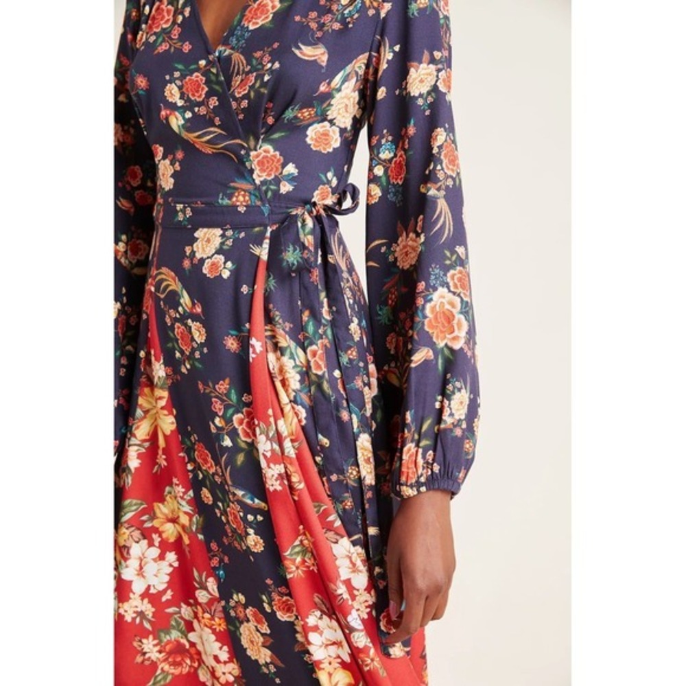 Anthropologie‎ FARM RIO Gracia Wrap Maxi Dress Floral Birds Bohemian X-Small - Picture 6 of 15